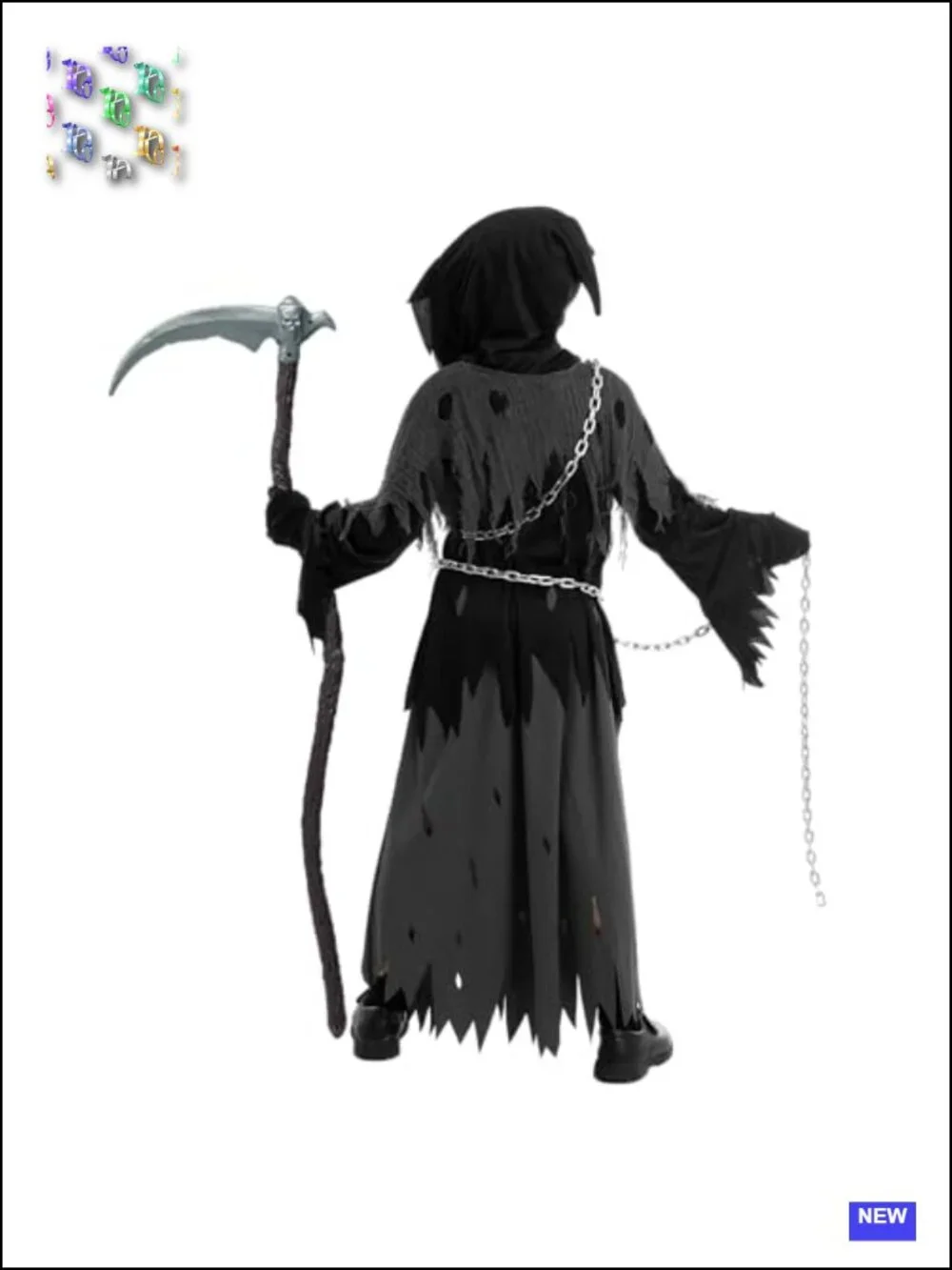 Kids Grim Reaper Halloween Costume with Glowing Eyes - Black Robe, Hood, Gloves